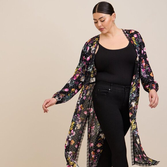Torrid - Crepe Lace Trim Kimono - Picture 1 of 3